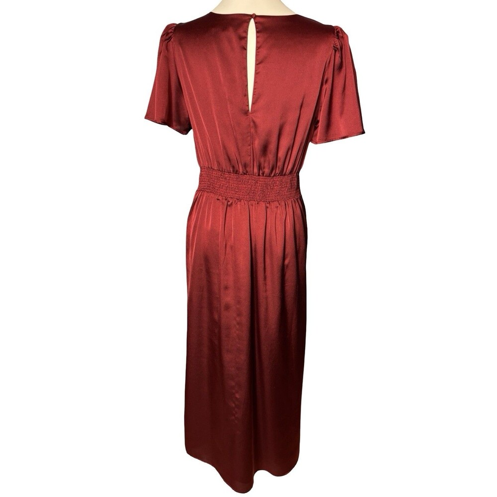 Sugarlips Burgundy Satin Midi Dress M Flutter Sleeve Wedding Guest GUC - Picture 4 of 8